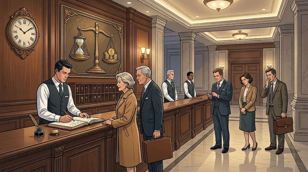 front desk staff present with minimal queue despite staffing levels