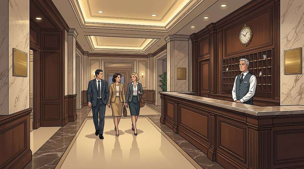 front desk staff present with limited guest checkout interaction
