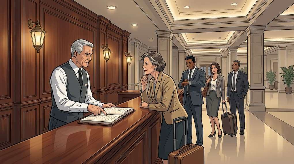 front desk staff engaged in upsell interaction with guest