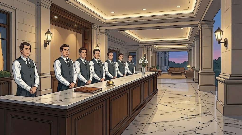 multiple front desk staff present with minimal guest activity
