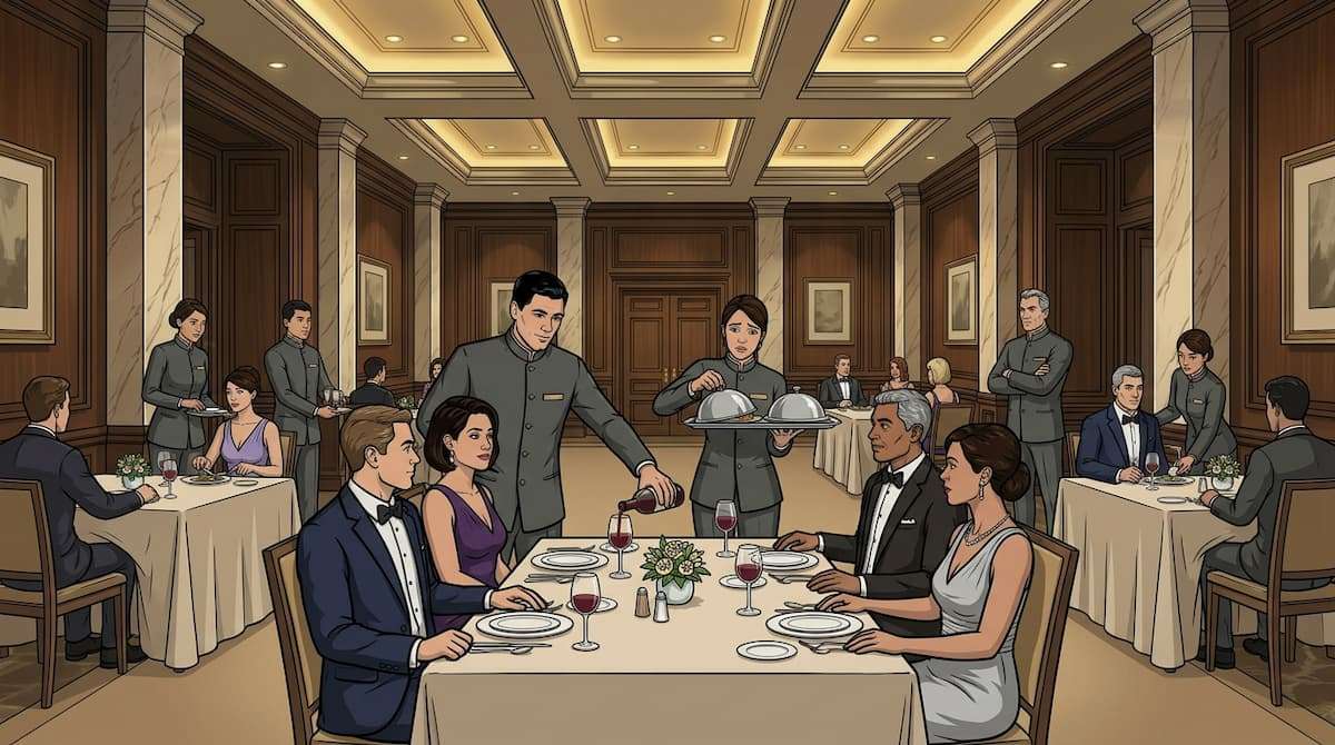 hotel banquet dining service with multiple servers assisting guests highlighting casual labor dependency and cost per cover impact