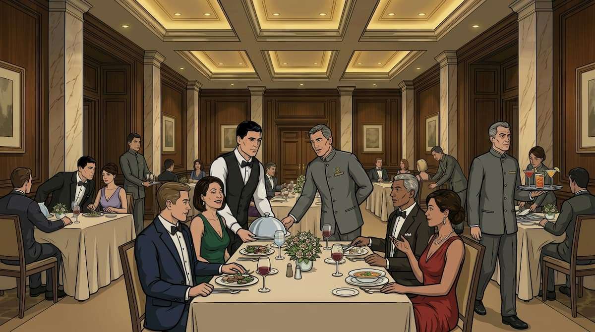 hotel dining and banquet service with shared staff assisting multiple tables highlighting labor overlap between restaurant and banquet operations