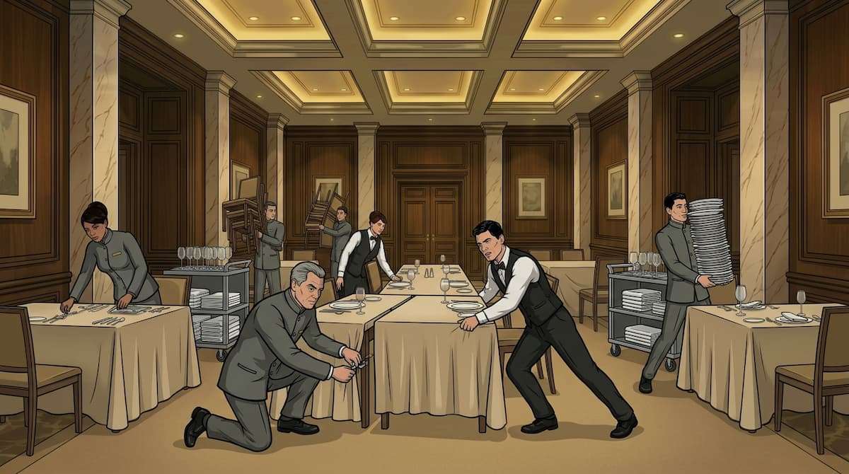 hotel banquet staff reconfiguring tables and resetting event layout highlighting last minute changes and unplanned labor cost