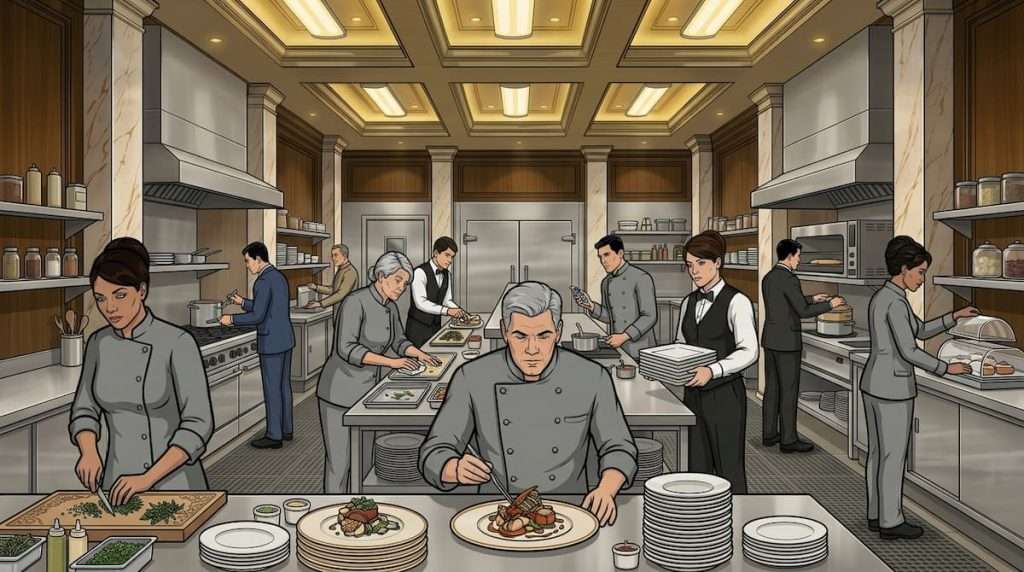 hotel kitchen staff preparing banquet dishes with multiple chefs working simultaneously highlighting kitchen labor cost attributed to banquet events