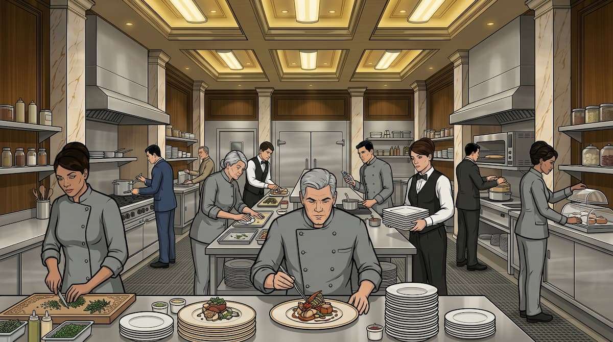 hotel kitchen staff preparing banquet dishes with multiple chefs working simultaneously highlighting kitchen labor cost attributed to banquet events