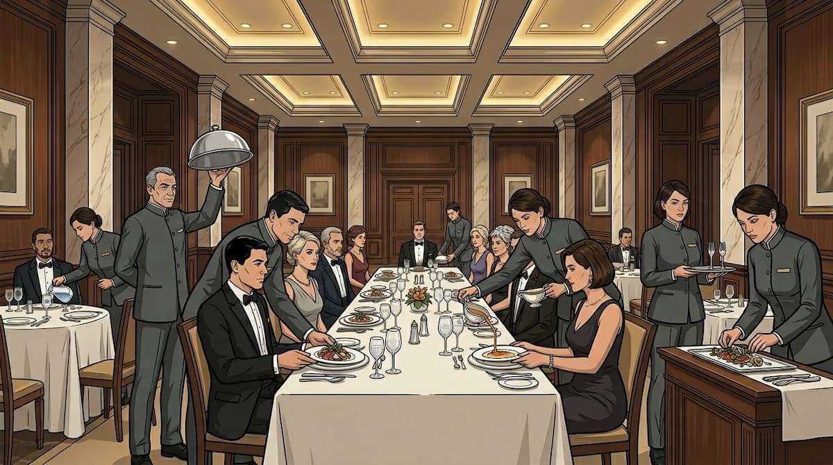 hotel banquet staff setting up dining room with tables and service stations highlighting setup and strike labor cost not included in event profitability