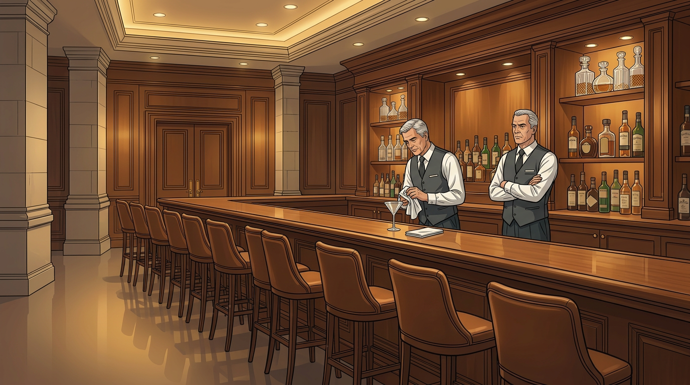 two bar supervisors present behind empty hotel bar with no guest activity