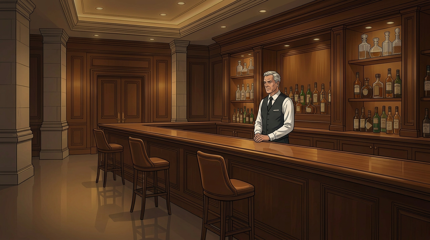 bartender standing alone in nearly empty hotel bar during late night hours