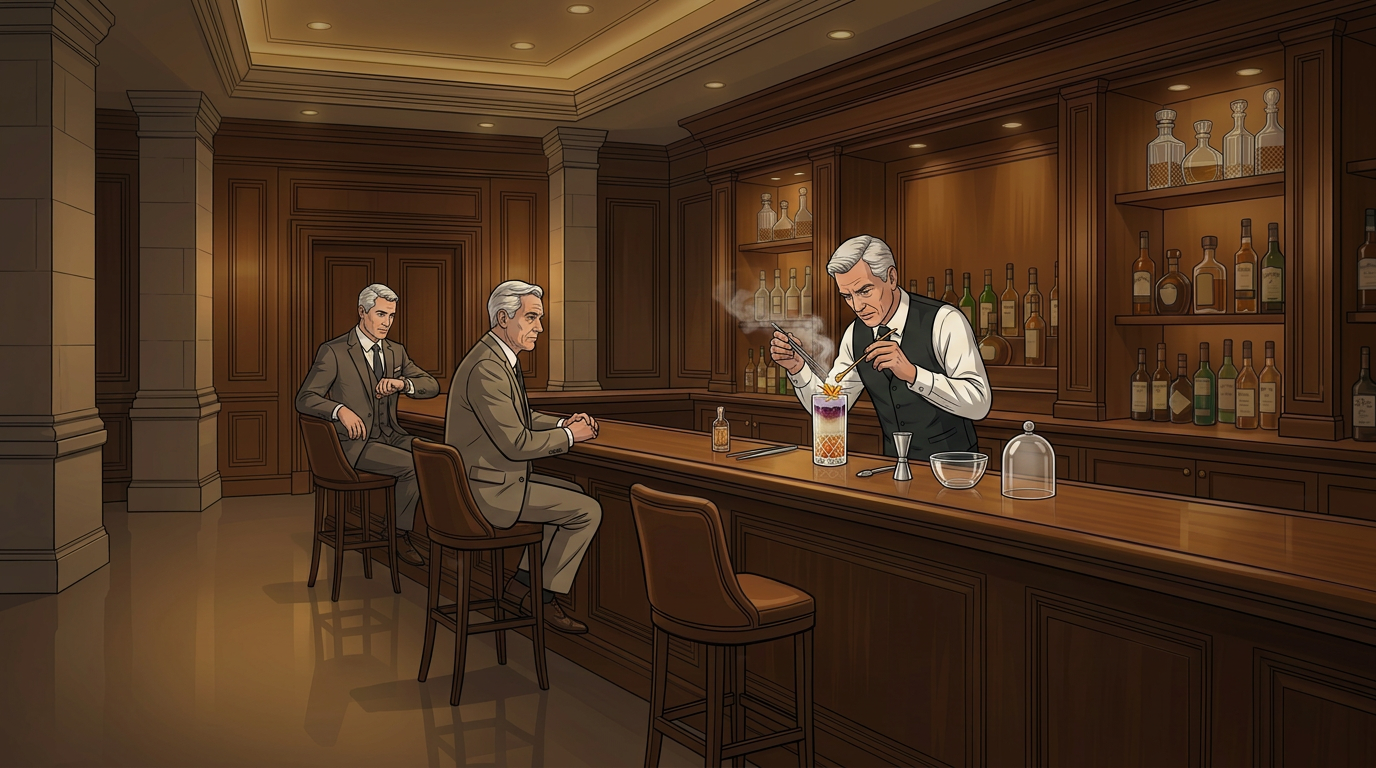 bartender preparing complex cocktail while few guests are seated at hotel bar
