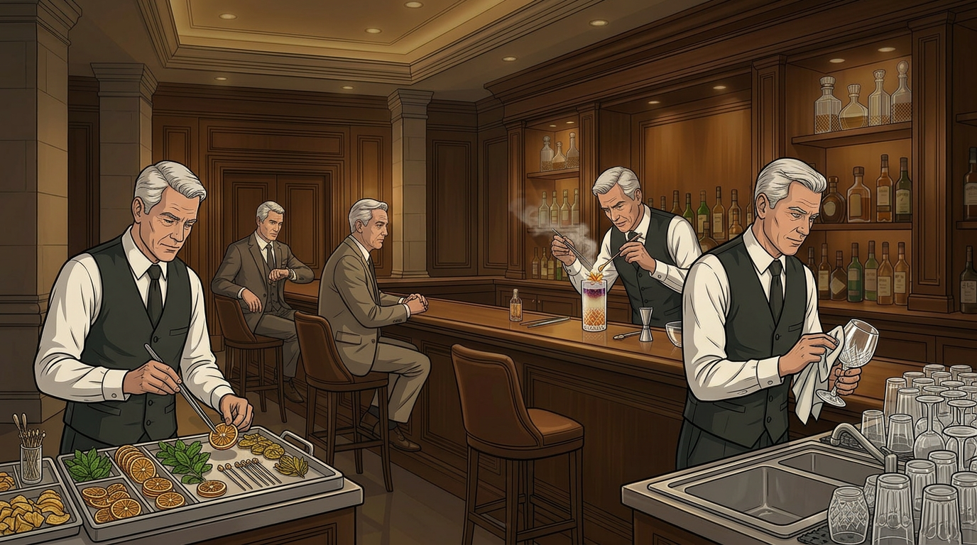 multiple bartenders performing different tasks with limited guest demand at hotel bar