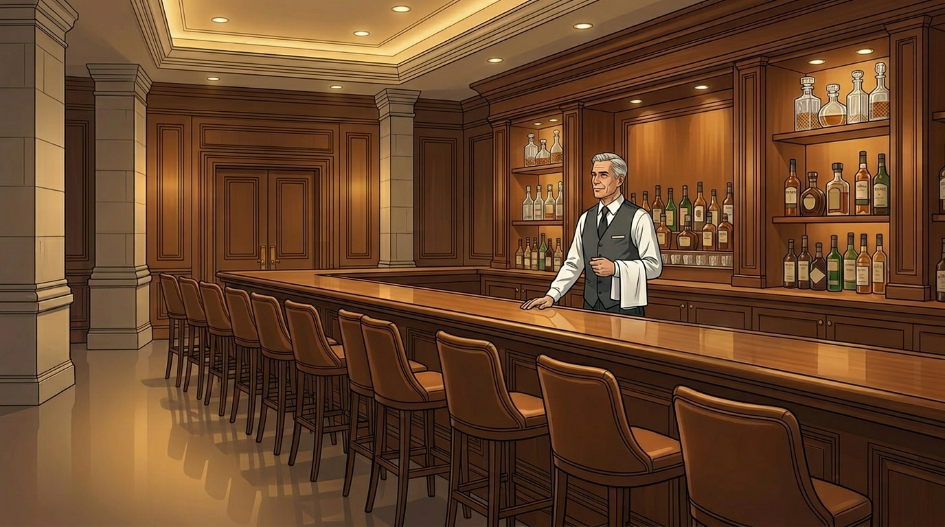 bartender standing idle in empty hotel bar between service periods