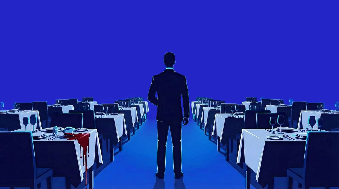 Illustration of empty restaurant tables across multiple locations showing fixed costs and lack of revenue in a restaurant group
