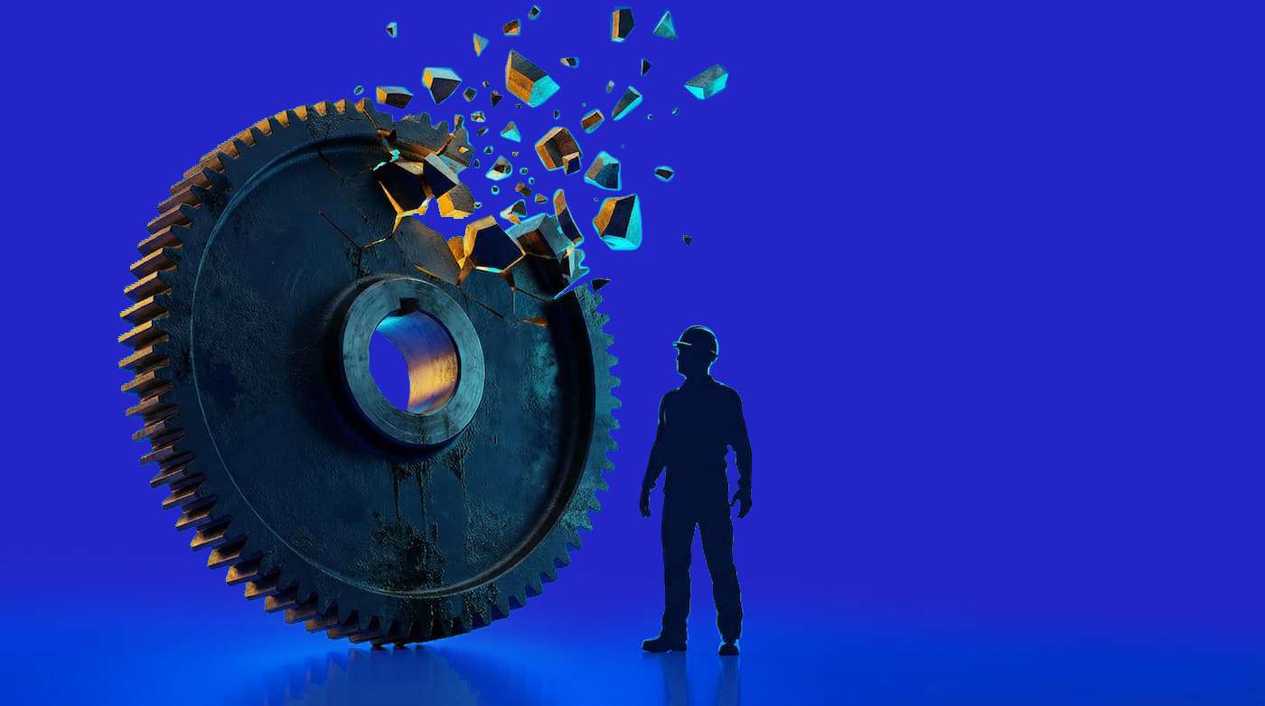 Broken industrial gear fragmenting, representing operational failure and production instability