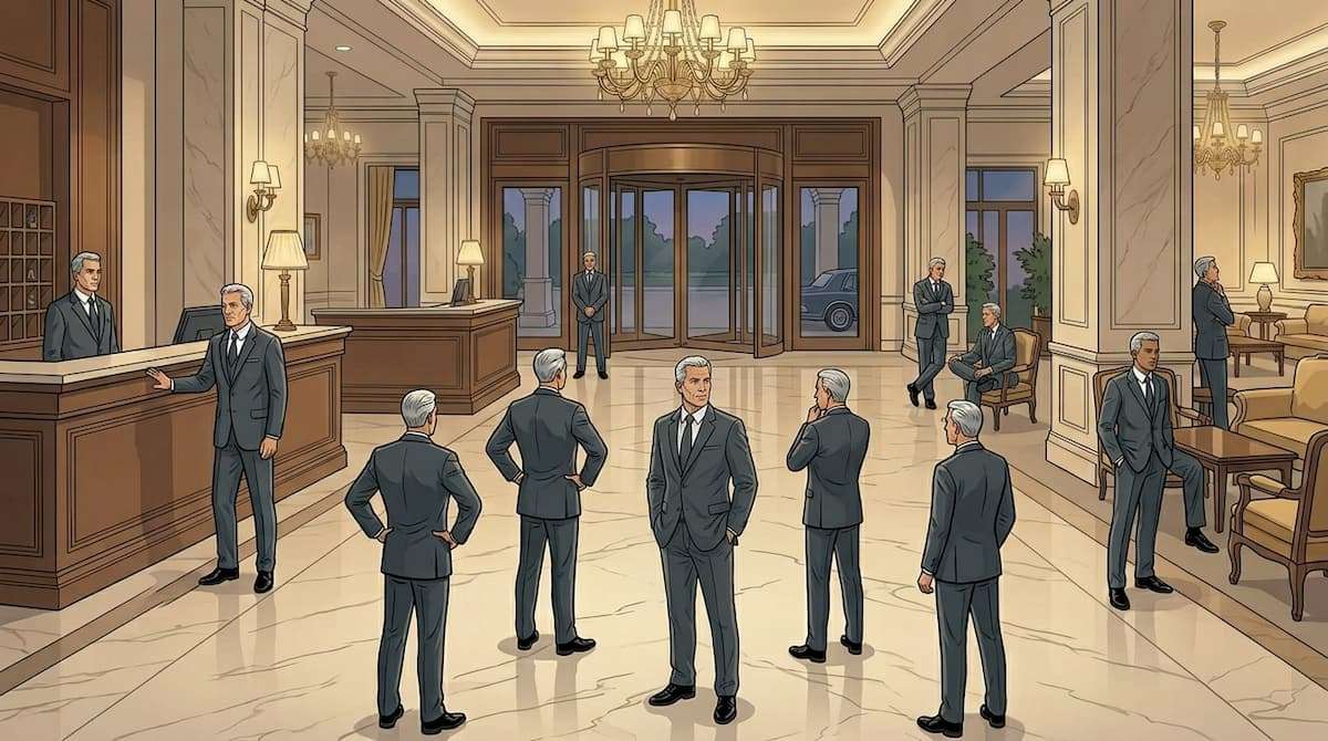 hotel security labor cost illustration showing multiple security personnel in lobby without increased incident volume or risk demand