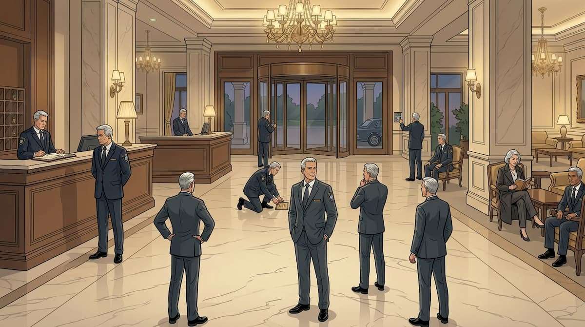 hotel security staffing illustration showing fixed coverage across different occupancy levels with unchanged personnel presence in lobby