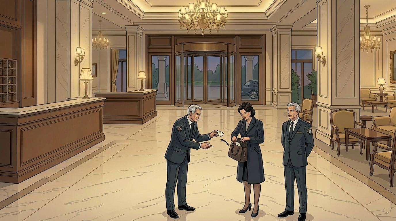 hotel security illustration showing interaction between guest and officer representing contract security versus in house labor cost comparison