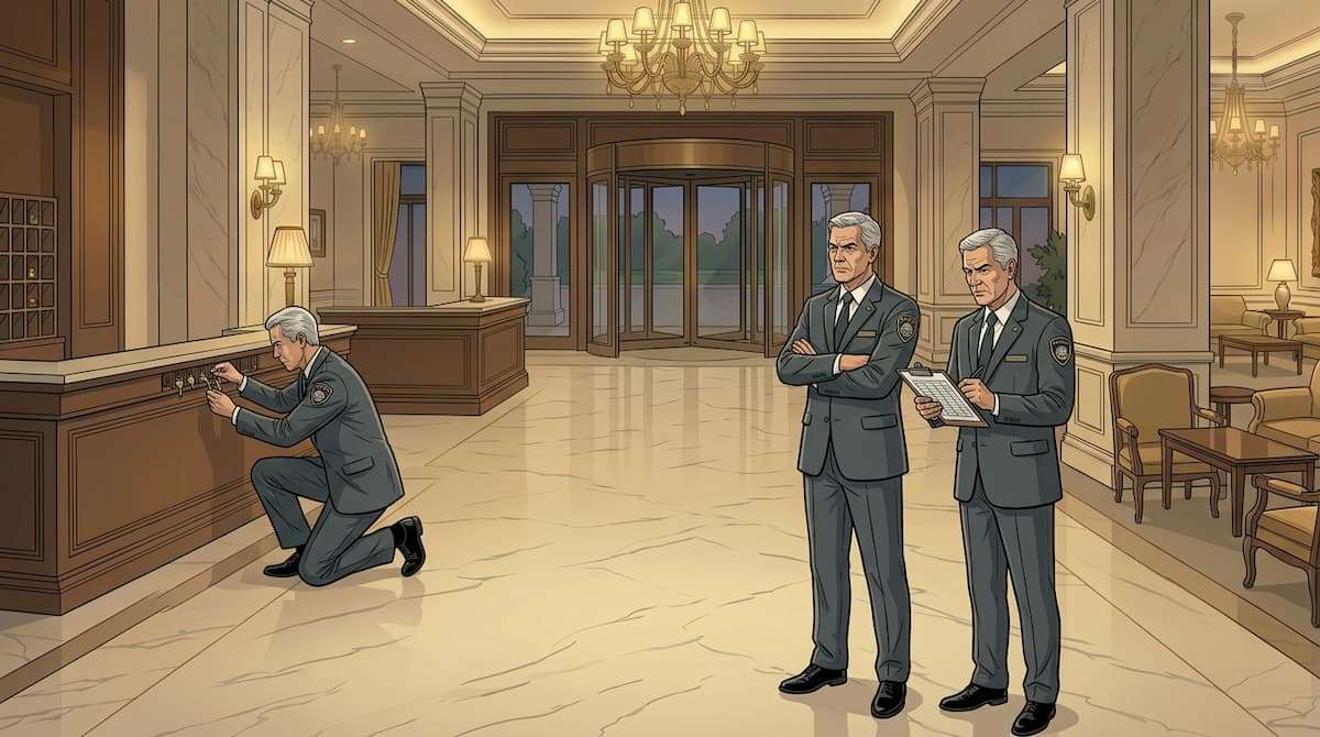 hotel security illustration showing supervisors observing officer performing task highlighting excessive supervisory ratio and overhead cost