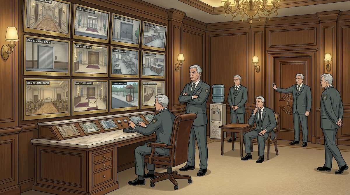 hotel surveillance room illustration showing multiple monitors and security staff highlighting increased labor cost beyond regulatory requirements
