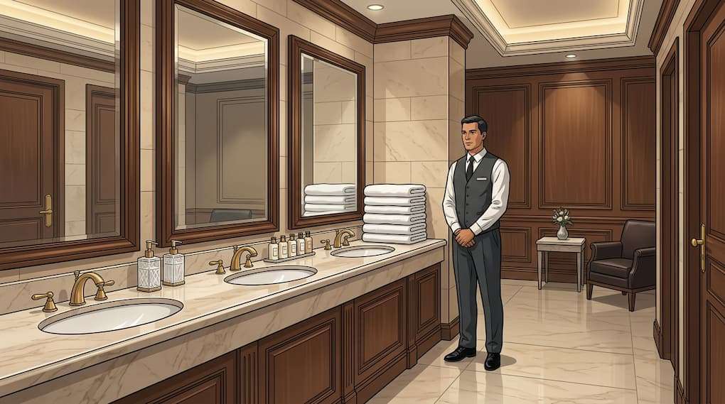 restroom attendant stationed in hotel public area regardless of fluctuating usage