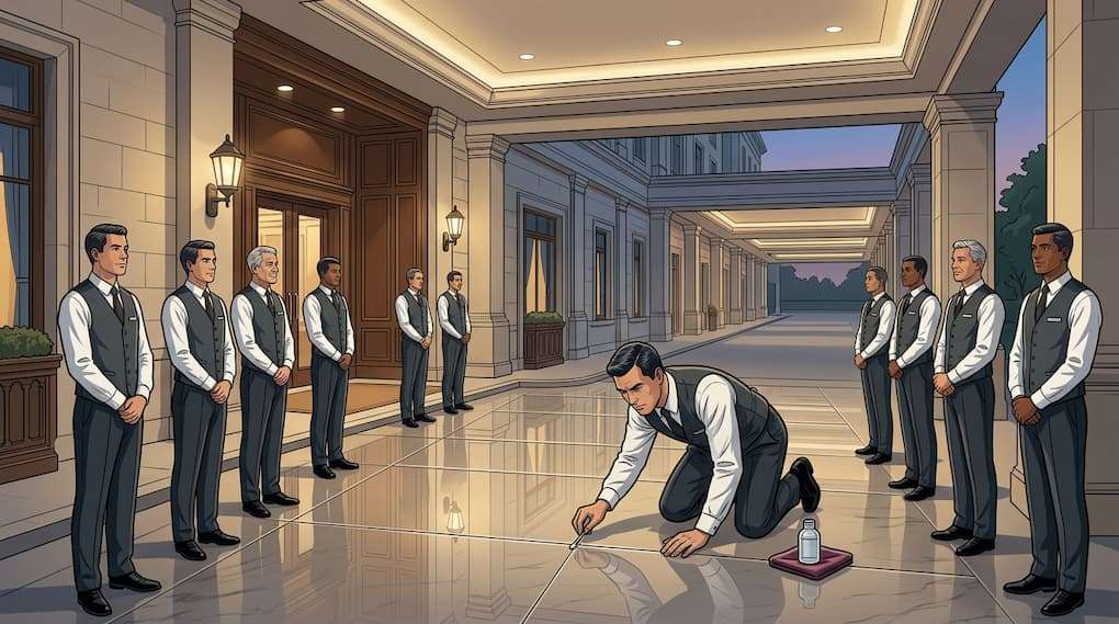 hotel staff performing deep cleaning in a quiet public area with no visible guest activity