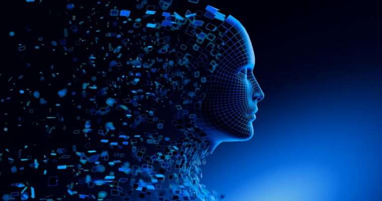 Abstract AI face dissolving into digital fragments representing enterprise AI adoption and productivity expectations