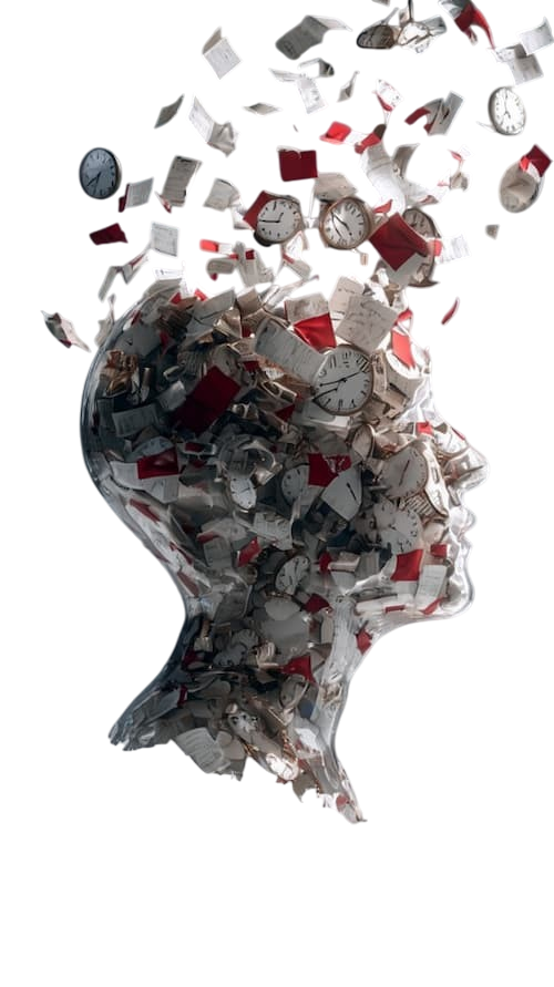 Transparent human head fragmented by documents and clocks representing cognitive overload and operational pressure inside modern enterprises.
