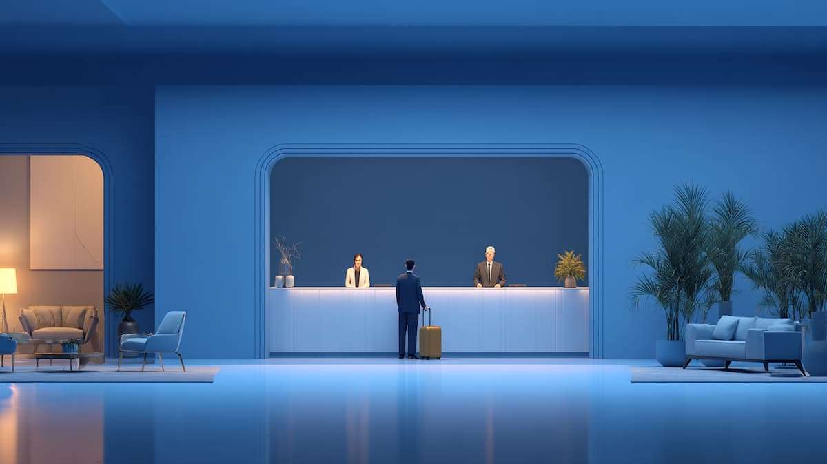 Hotel front desk staff serving a guest during check-in, illustrating hospitality labor management and workforce deployment