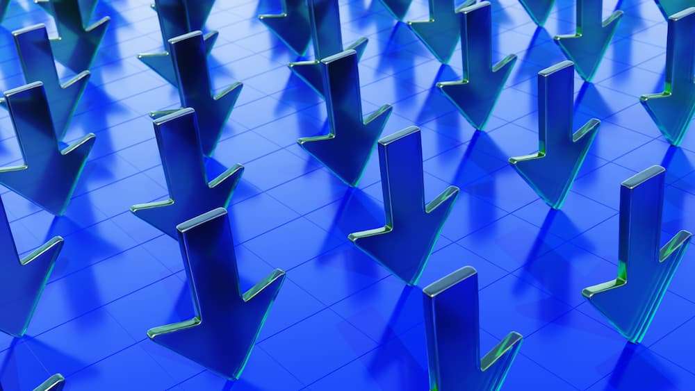 Blue downward arrows representing enrollment decline and increasing financial pressure on higher education institutions