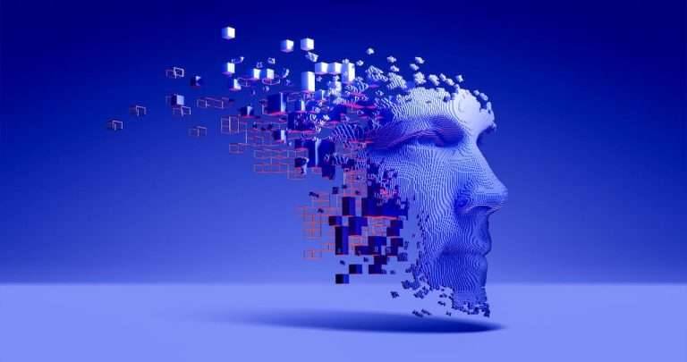 Human head dissolving into digital particles, representing AI-driven information overload and cognitive burden in enterprise decision-making