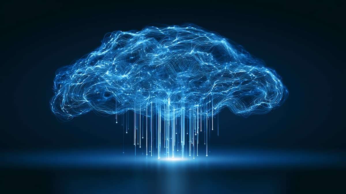 AI-generated information cloud converging into a narrow enterprise decision point