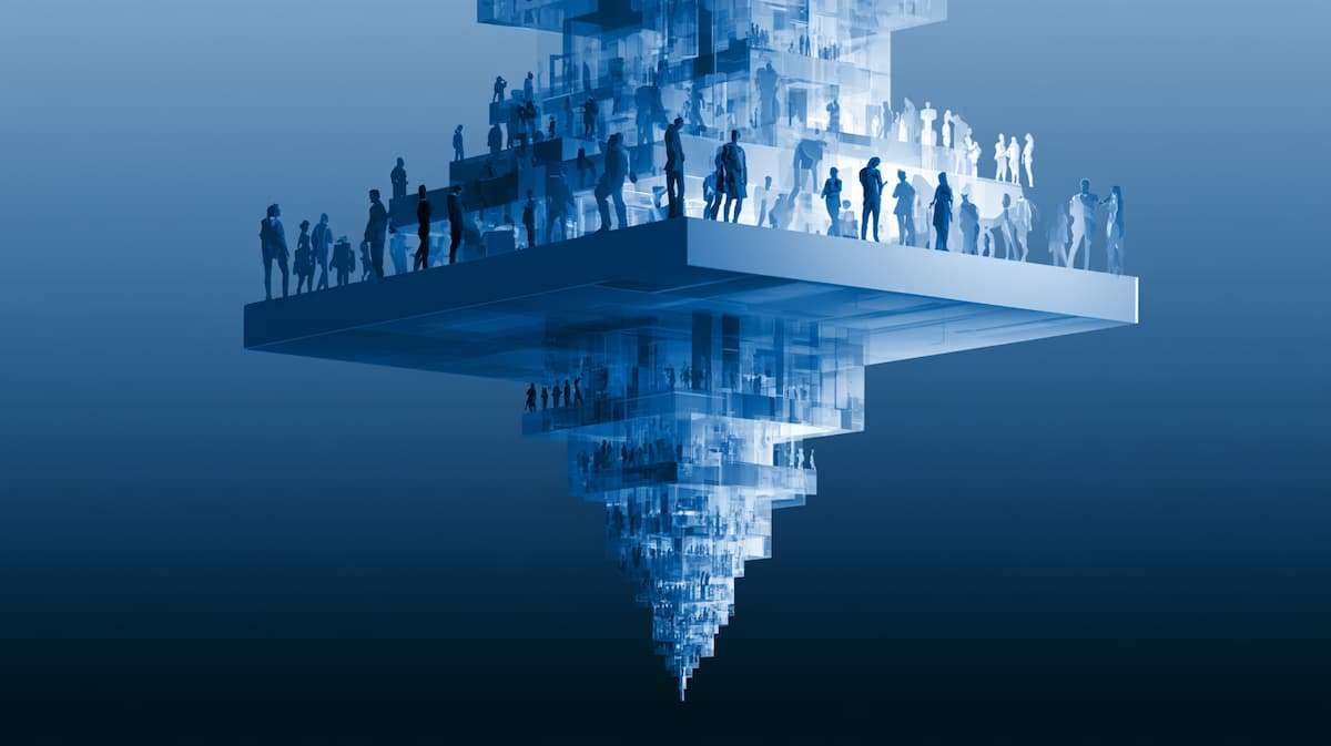 Expanding AI governance structure above a shrinking operational workforce, showing inverted enterprise cost structure