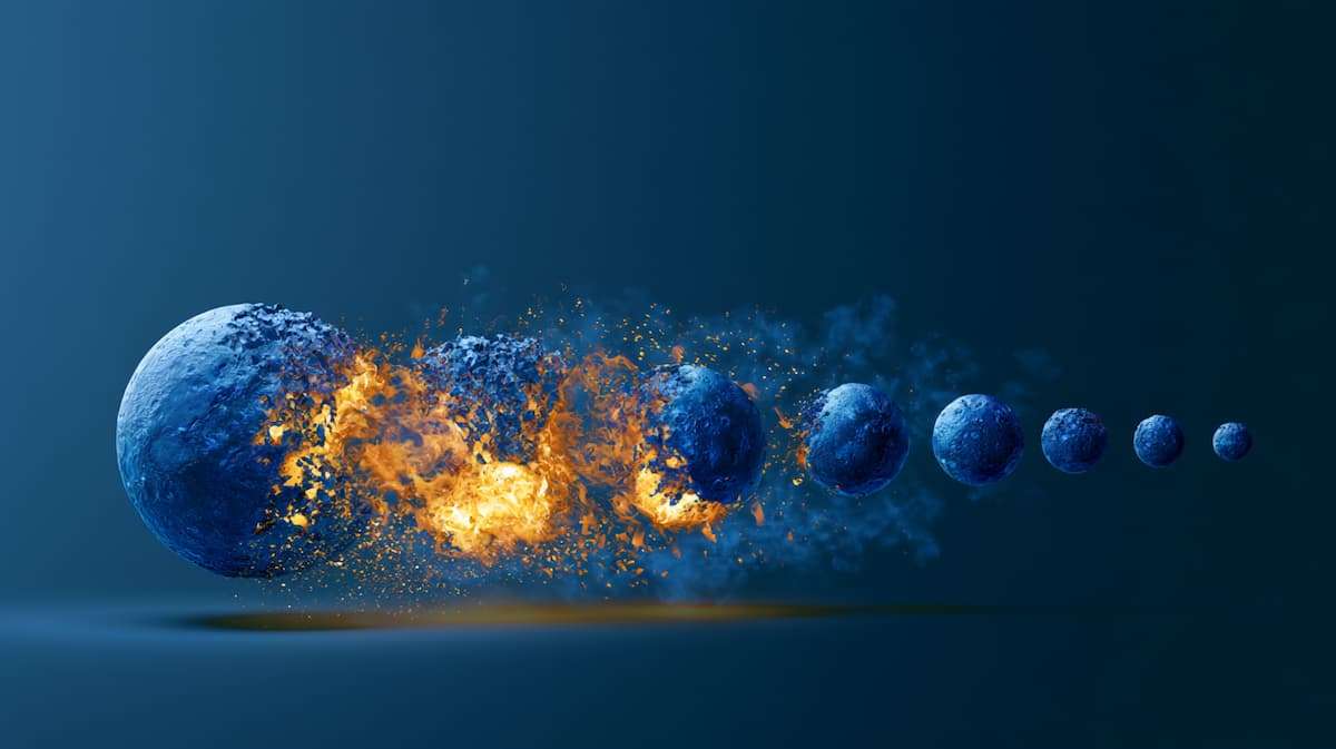 Connected revenue streams breaking apart, representing customer loss, replacement cost, and declining margin over time.
