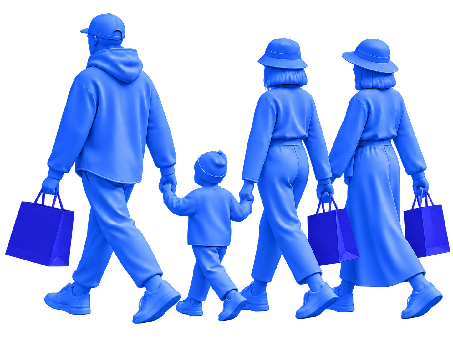 Blue-toned shoppers carrying retail bags