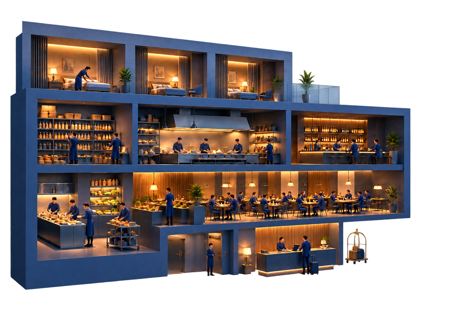 Hotel departmental profitability analysis across rooms, food and beverage, labor, and operating departments.