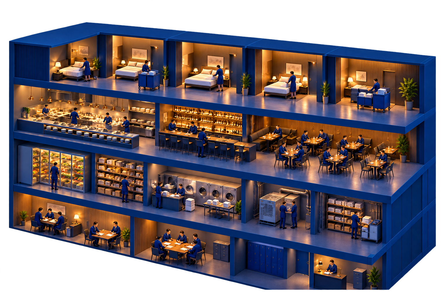 Hotel cost structure analysis across rooms, F&B, labor, support departments, and operating expenses.