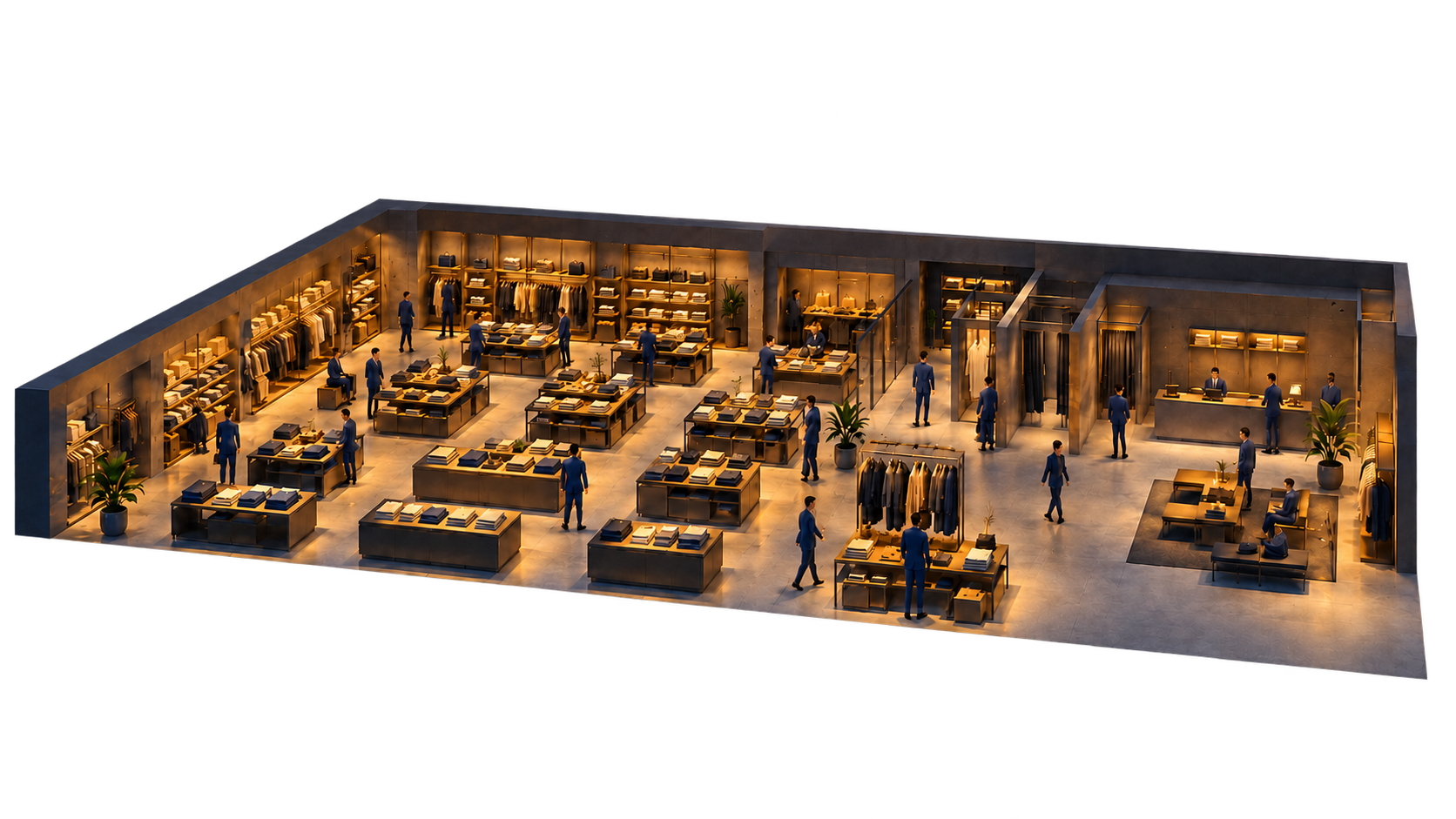 Retail space productivity across merchandise displays, selling areas, and customer circulation