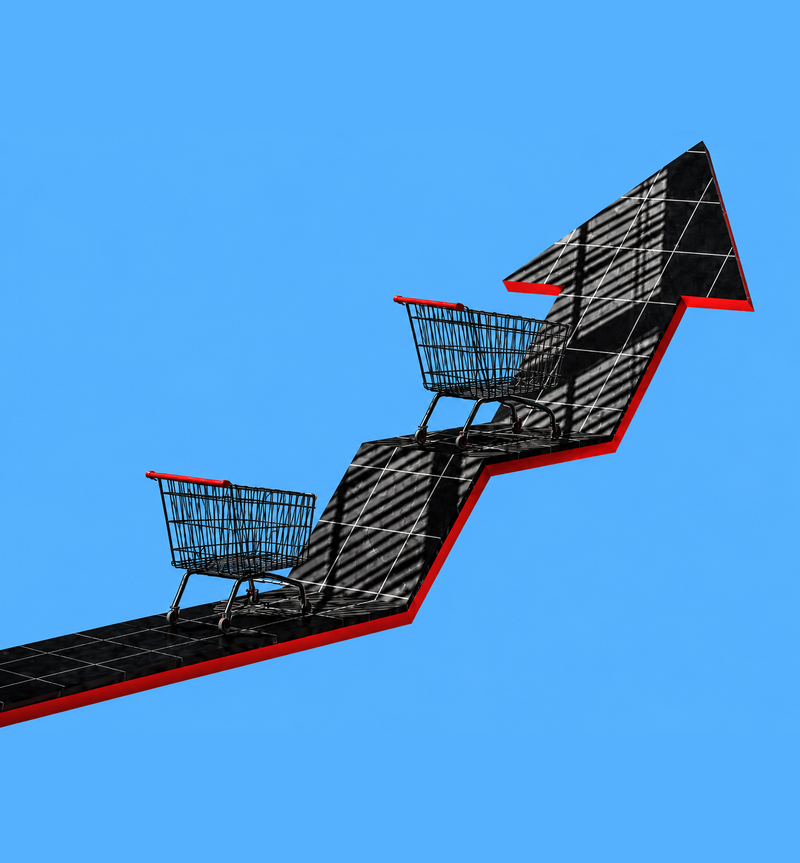 Shopping carts moving up a growth arrow representing retail operating benchmarks
